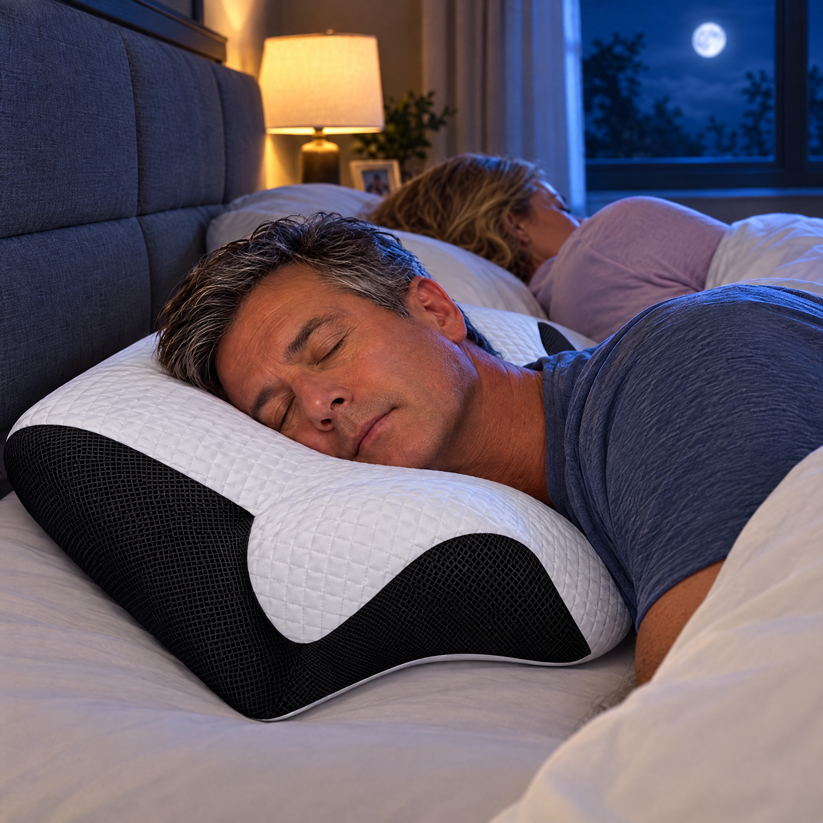 Man sleeping on his side on the black HushAlign pillow while his partner sleeps