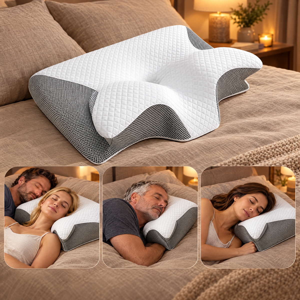 Grey HushAlign pillow on a bed, with people sleeping on their back and side