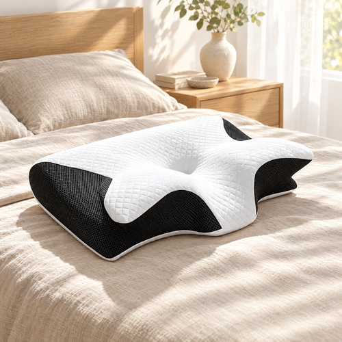 Black HushAlign pillow on a bed in morning sunlight