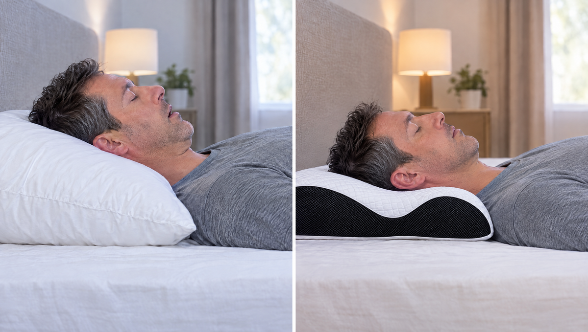Side view: head bent on a fluffy pillow compared with a straight neck on HushAlign