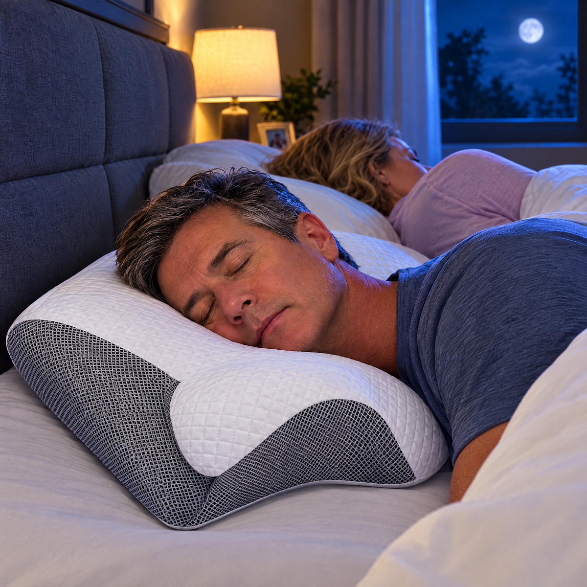 Couple sleeping peacefully, man on HushAlign pillow