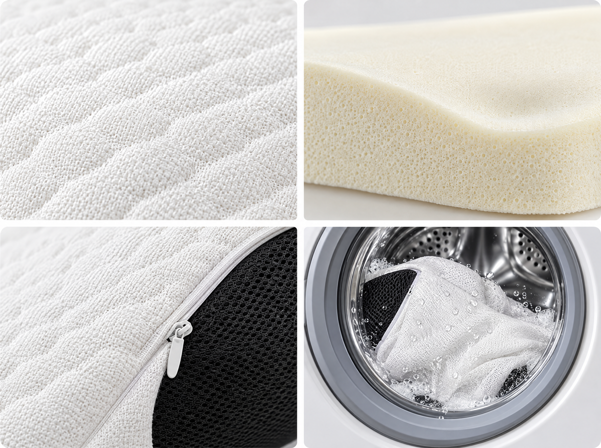 Quilted cover, memory foam, zip and washable cover