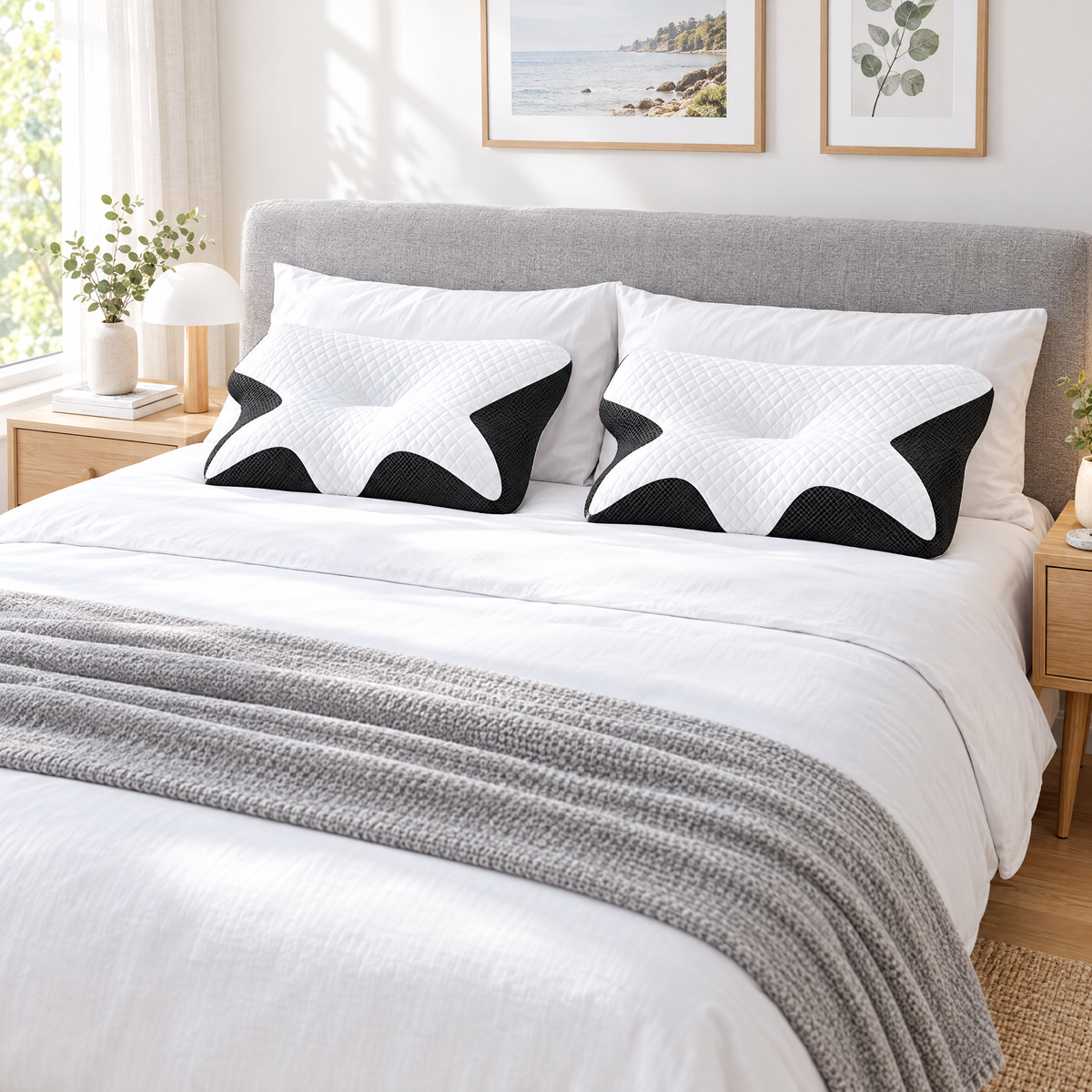 Two HushAlign pillows on a double bed