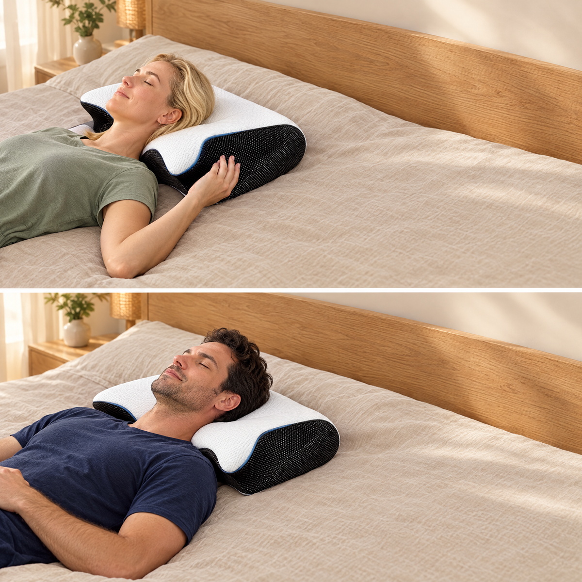 Higher edge and lower edge of the HushAlign pillow in use